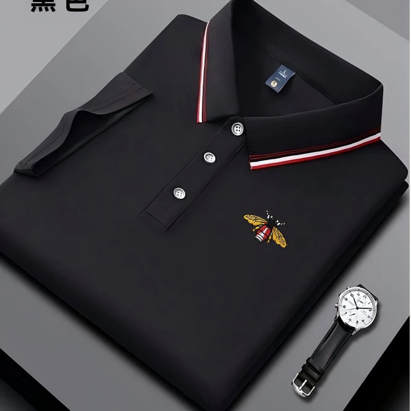 Camisa polo masculina bordada de manga curta casual de negócios, elegante, respirável, confortável e versátil