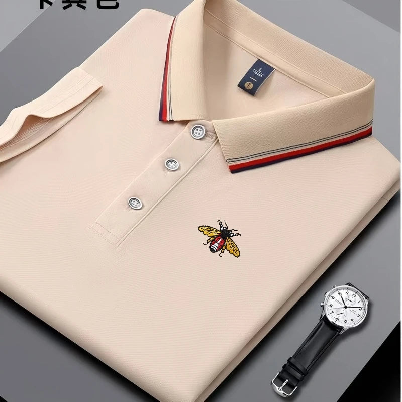 Camisa polo masculina bordada de manga curta casual de negócios, elegante, respirável, confortável e versátil