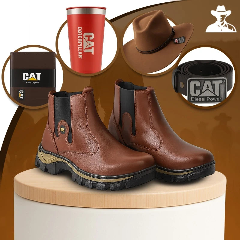 Bota Adventure Masculina em Couro Legítimo e Palmilha Ortopédica +BRINDES: Chapéu, Cinto, Carteira e Copo